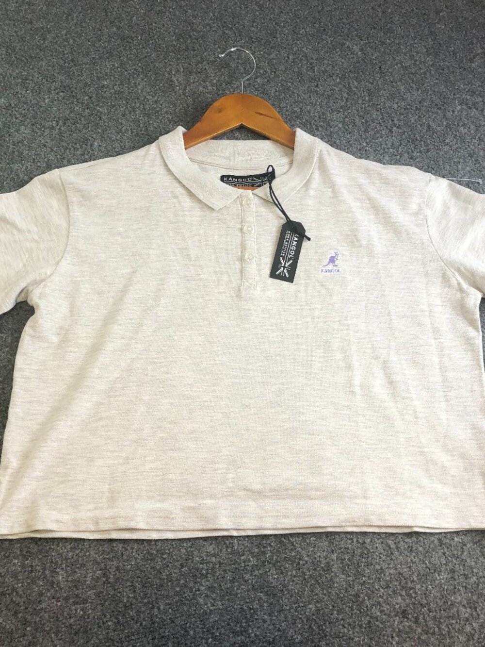Kangol Polo Shirt Womens LArge Gray Button Short Sleeve Cropped Crop Knit Pique